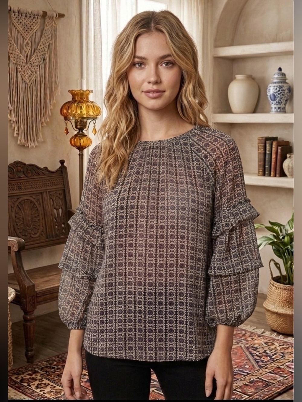 NWT MISA Los Angeles Puff Sleeve Ruffled Blouse oversized small